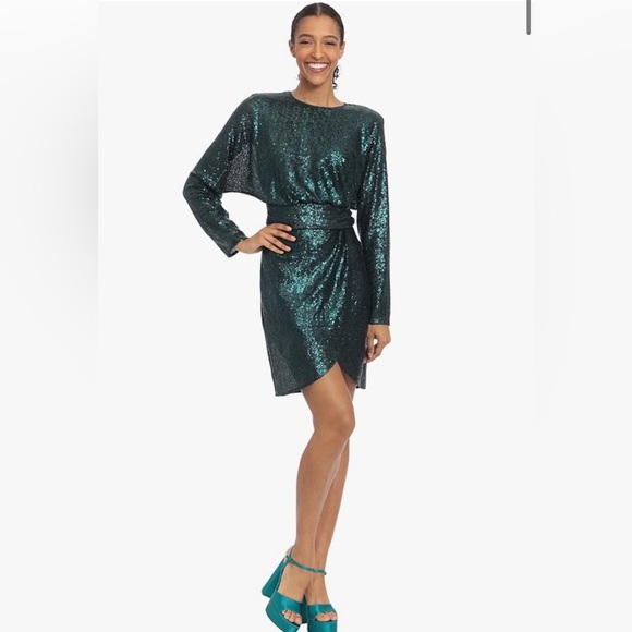 Donna Morgan Long Sleeve Dolman Sleeve with Wrap Miniskirt-Bottle Green Size 6 - Picture 2 of 10